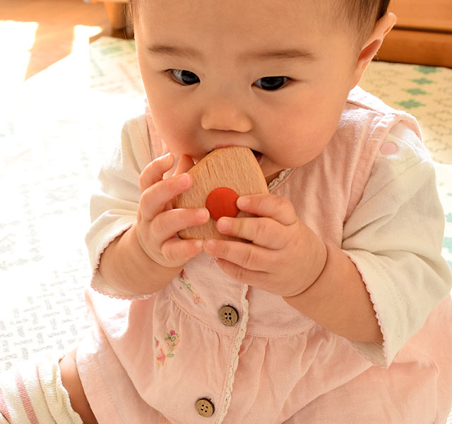 おにぎりのラトルを持つ赤ちゃん