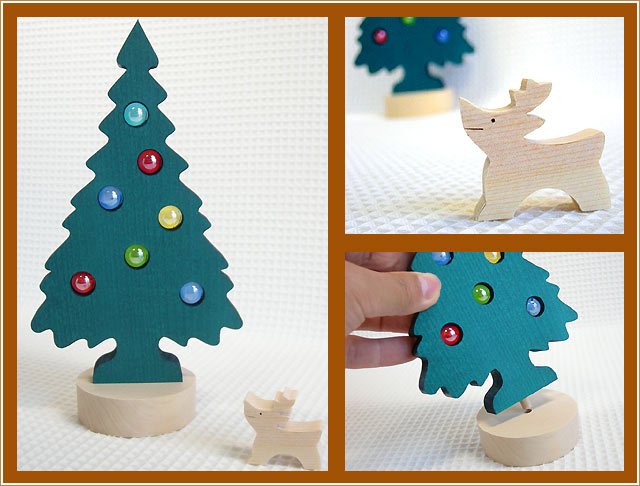 クリスマスツリー オーロラビー玉 ベル付き 手作り トナカイ付き 木製
